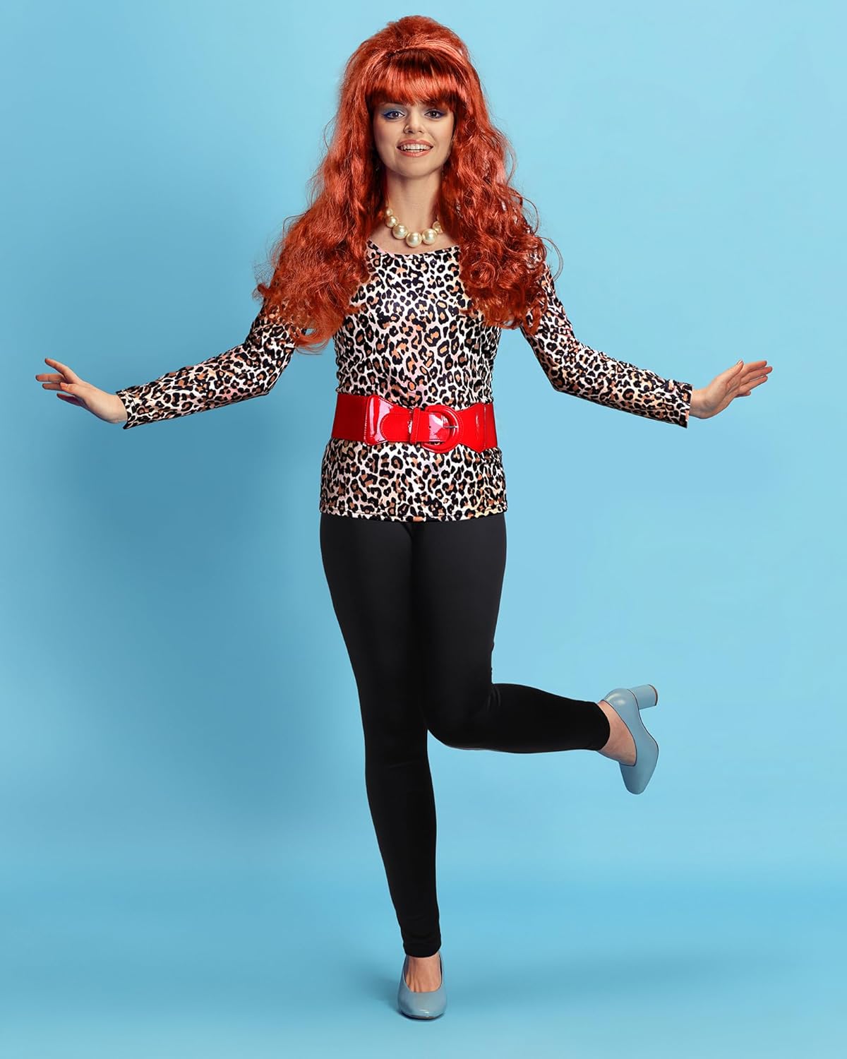 Bonuci 4 Pcs Halloween 80s Costume Married Women Leopard Printed Tops Tights Copper Red Wig Wide Stretchy Belt for Cosplay - Image 5
