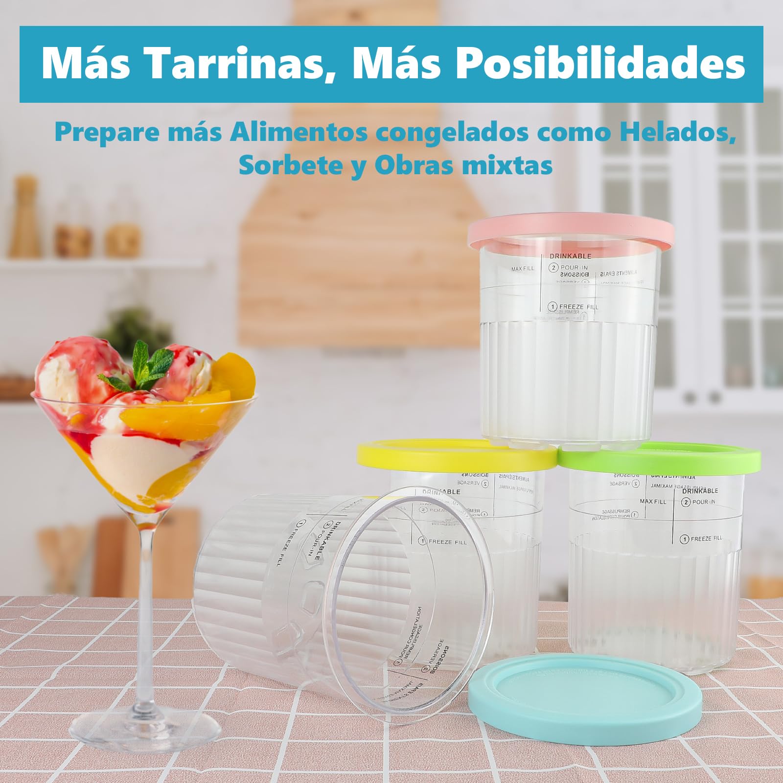 NNepfaivy Bacs à Crème Glacée pour Ninja Creami Deluxe Sorbetière, Lot de 4 Récipients de Rechange avec Couvercles Compatibles avec Machines à Glace Ninja NC501EU NC500, Sans BPA et Lave-Vaisselle