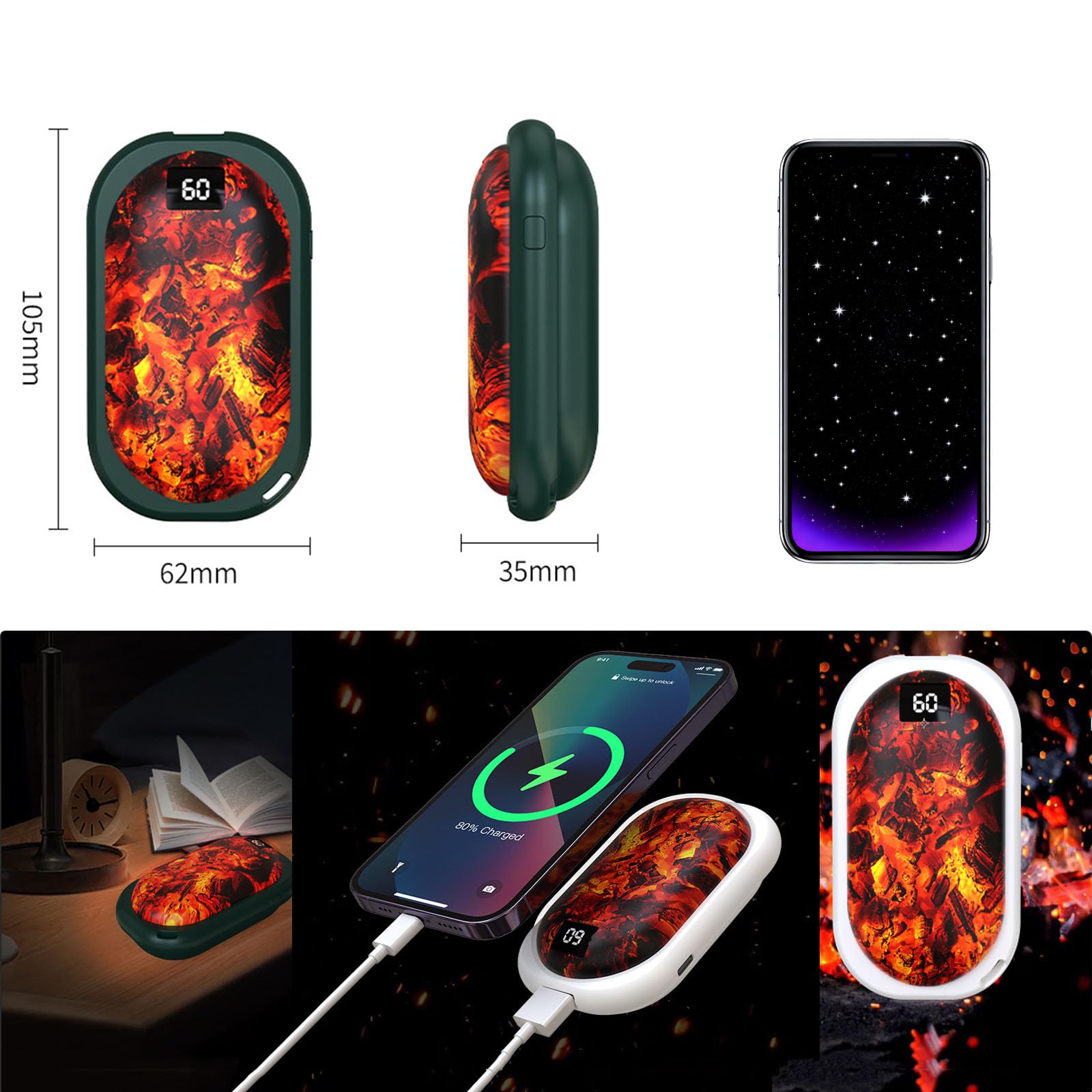 Set di 2 Scaldamani Elettrici, 3 modalità di Riscaldamento, Scaldamani per attività All'aperto, Campeggio, Regalo per Donne E UominiGreen, 3600mAh