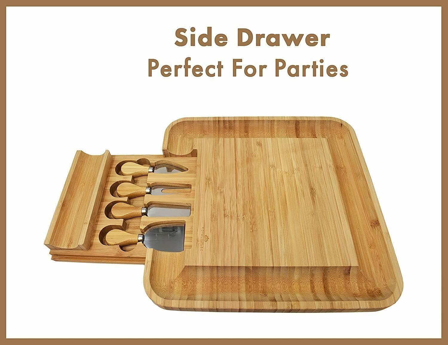 Entertain Large Cutting Cheese Charcuterie Board Tray 13" x 13" With Knife Set Slicing Spreading Kitchen Serving Tools Bamboo Wood Personalized Free Engraved Gift Serves Crackers Meats Fruits Cheese