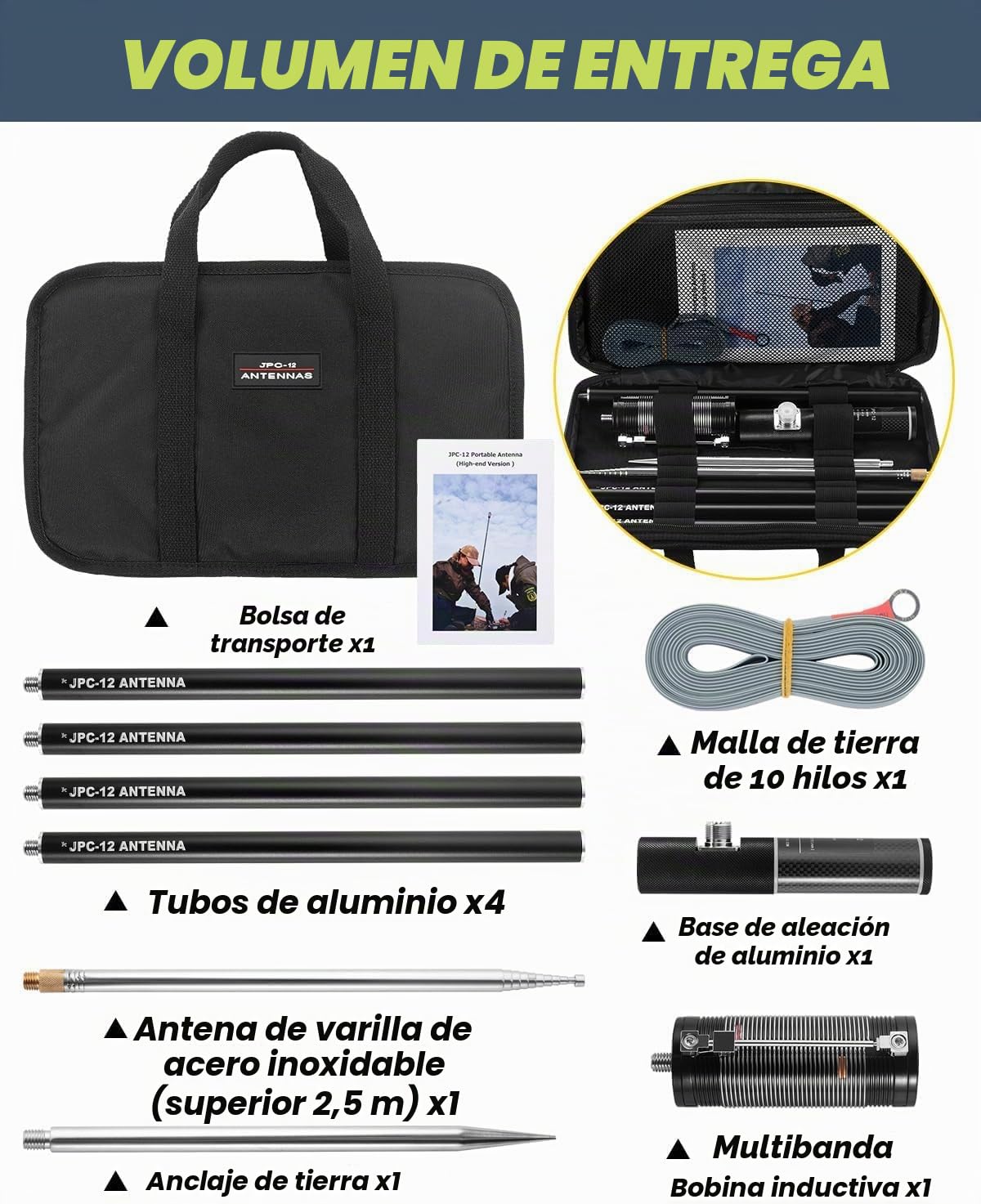 AURSINC JPC-12 - Antenna Radio Frecuencia Alta para Aficionados (7-50 MHz, Antena Vertical 40-6 m, 8 Bandas, 4,1 m (M10))