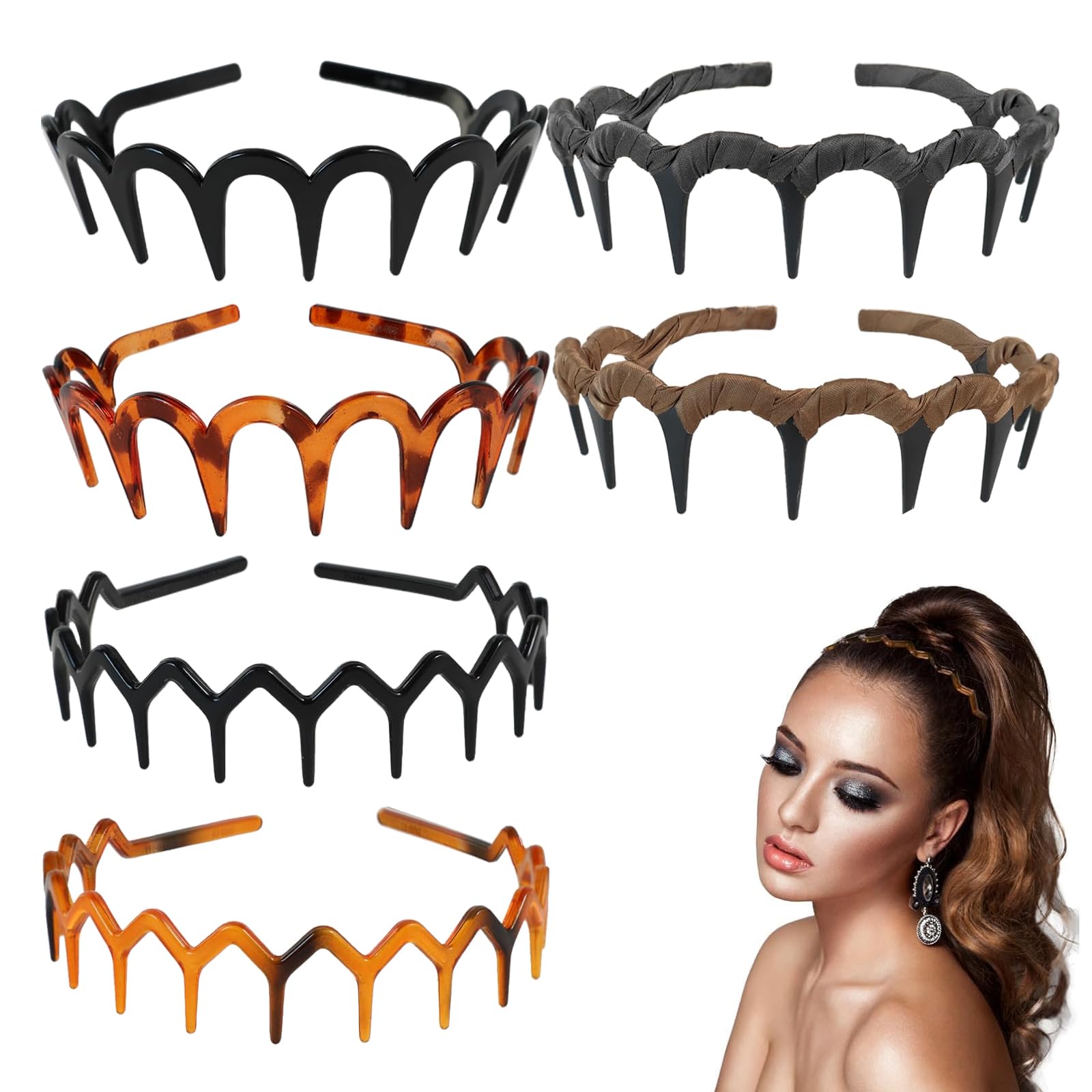 FrostyFlair Hairbands for Women, 6 Pack Zigzag Headbands, Non-slip Hair Accessories for Women and Girls, Zig Zag Headband (Black/Leopard)
