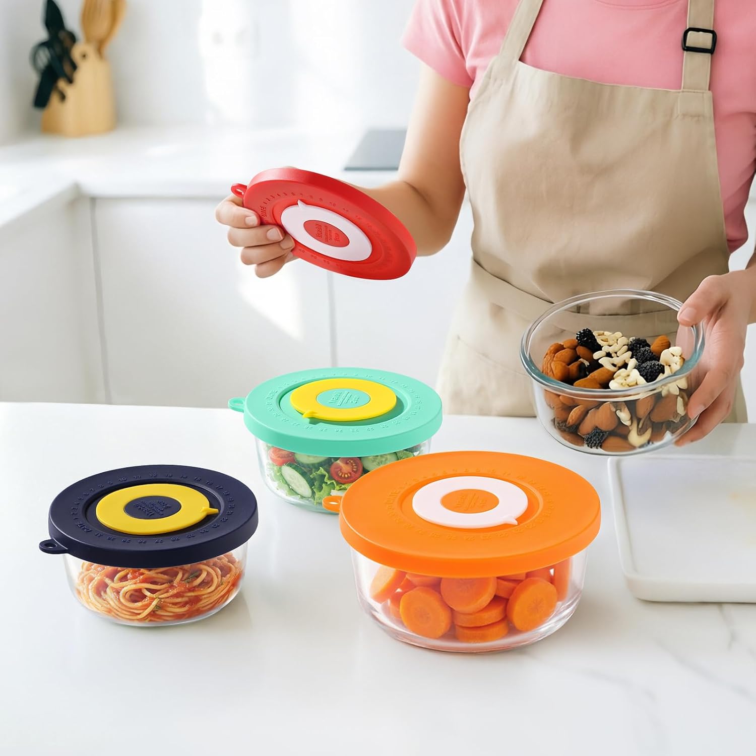 4 Cup Replacement Lids for Pyrex 7201-PC Glass Bowl(Container not Included) | 4 Pack Round Silicone Storage Cover with Date Mark, Can be used for dishwashers and refrigerators