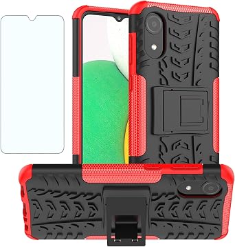 Phone Case for Samsung Galaxy A03 Core with Tempered Glass Screen Protector Cover and Stand Kickstand Hard Rugged Hybrid Cell Accessories Gaxaly Ao3 Core SM-A032/DS A032 A032M Cases Women Black Red