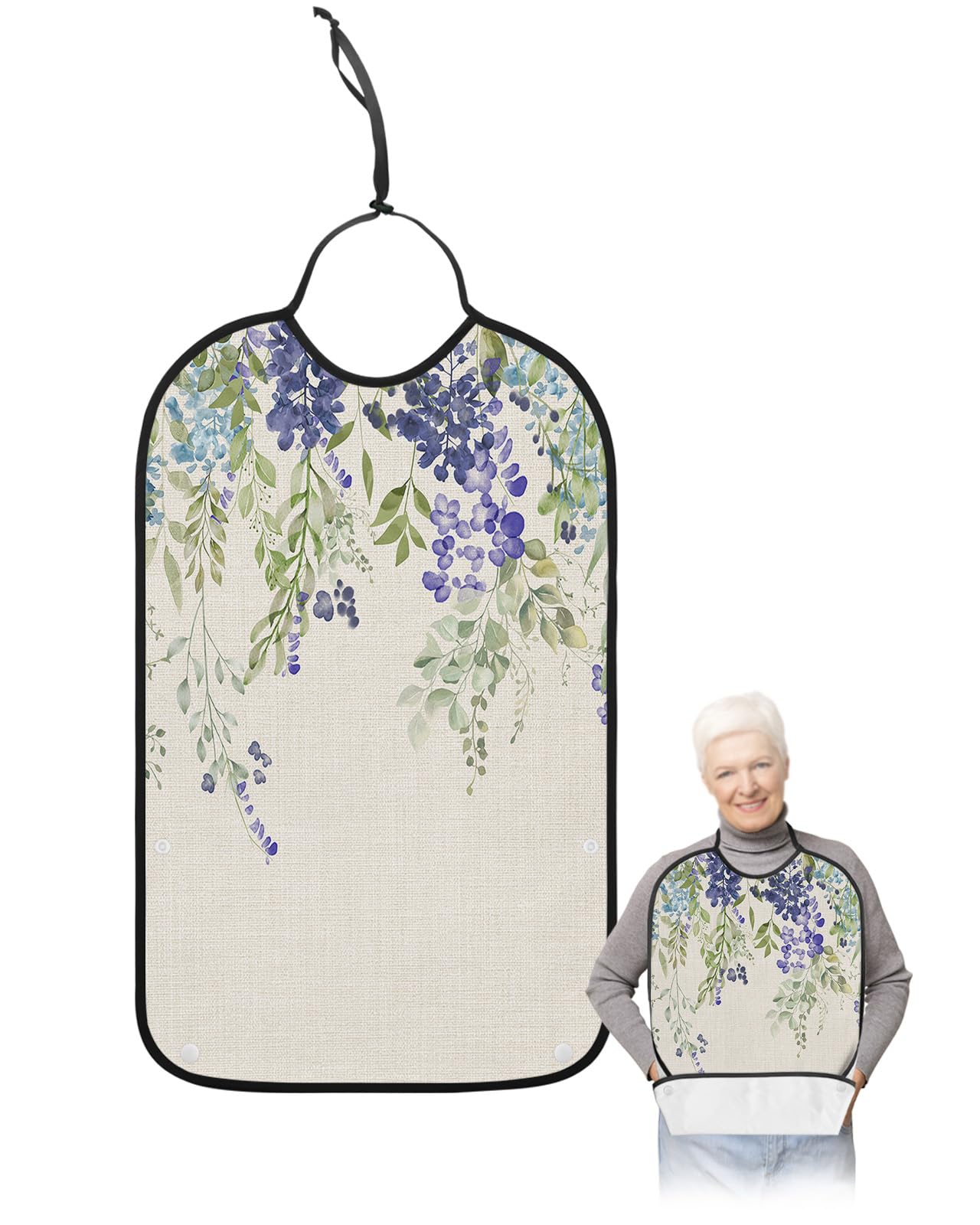 LEOKOTI Green Purple Botanical Adult Bibs for Eating, Waterproof Bibs with Food Catcher & Adjustable Snap Closure, Rustic Weeping Spring Floral Washable Clothing Protectors Adult Bibs for Elderly