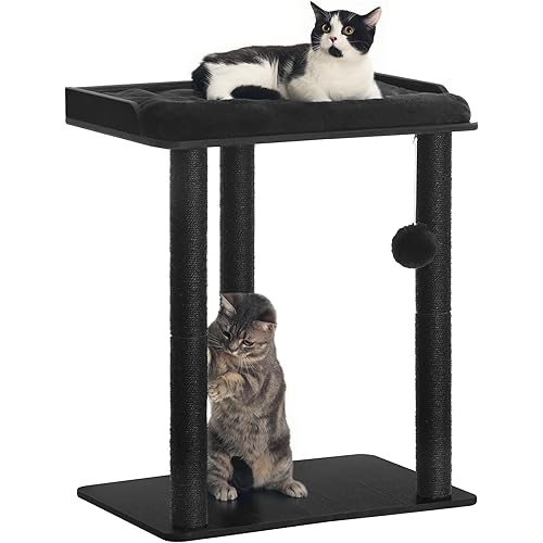 FourFurPets 26.7in Cat Tree Tower Condo, Cat Scratch Posts for Indoor Cats, Big Plate, Three 23.6in Full Sisal Scratching Posts, Black