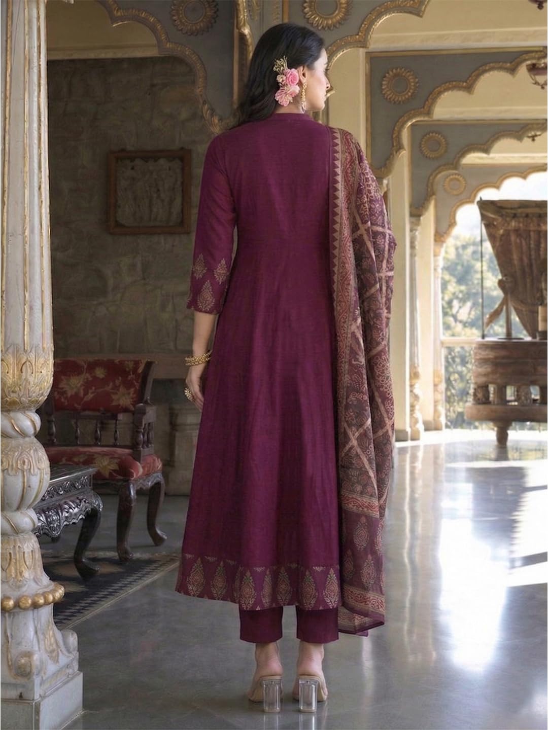 ANNI Designer Ensemble kurta pour femme avec imprimé en viscose | Ensemble kurti pour femme | Anarkali Kurta Pantalon Dupatta 3 pièces | Col en V, manches 3/4, coupe régulière, vêtements ethniques