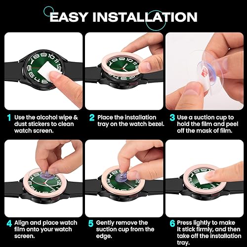 Miniatura 7 de Tensea 5 piezas Protector de pantalla para Samsung Galaxy Watch 6 Classic de 1.850 in, película protectora de vidrio templado 9H, cubierta de