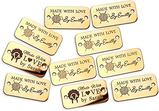 10Pcs Personalized Metal Tags for Crochet Items,40x20mm Rectangular Custom Tags for Handmade Items,Two Holes Stainless Steel Logo Tags for Crafts,Knitting,Jeans,Bags and Shoes (Gold, Rectangular)