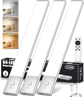 64 LED Under Cabinet Lights Motion Sensor, 3 Color Kitchen Counter Lighting Wireless, Rechargeable Closet Lights Remote, Dimmable Night Light for Shelf Pantry Stair Hallway 3Pack