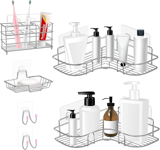 CGBE Corner Shower Caddy & Soap Dish Holder & Electric Toothbrush Holder & Adhesive Hooks No Drilling Shower Shelf Corner Shower Organizer Wall Mounted for Kitchen Toilet (6 Packs)
