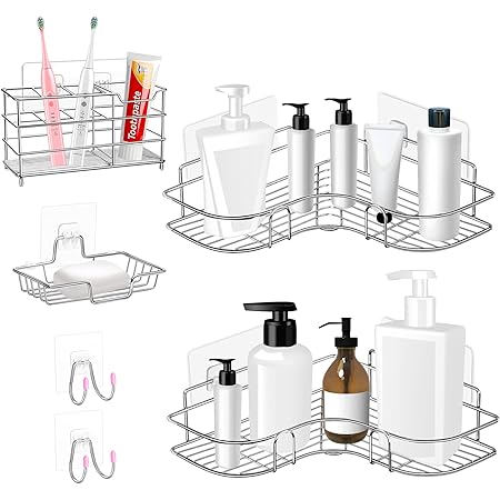 CGBE Corner Shower Caddy & Soap Dish Holder & Electric Toothbrush Holder & Adhesive Hooks No Drilling Shower Shelf Corner Shower Organizer Wall Mounted for Kitchen Toilet (6 Packs)