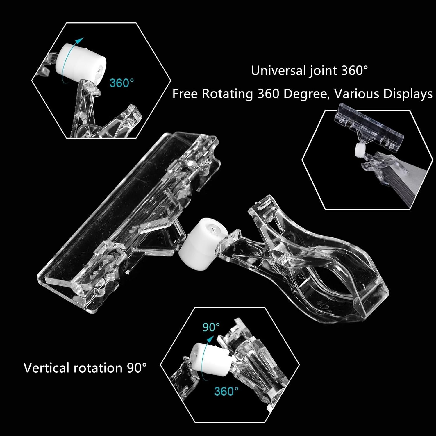 ZOOFOX 50 Pack Plastic Sign Holder Clip, Clear Rotatable Pop Clip-on Holder Stand, Double Retail Clips Holder for Price Tag Label Sign Display image 3