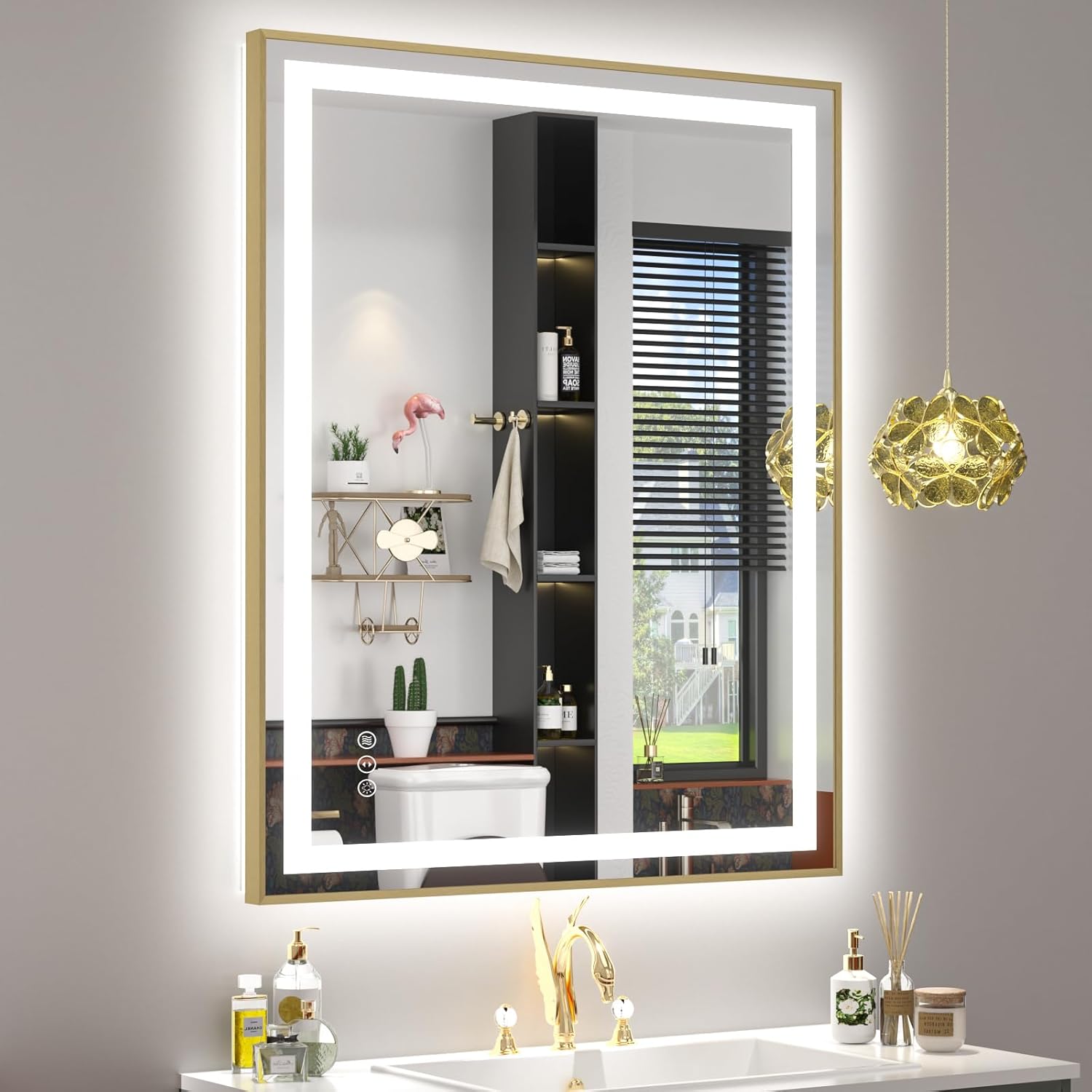 OKPAL 60x40 LED Bathroom Mirror Gold Metal Framed Front Light & Backlit, Lighted Vanity Mirror, Anti-Fog, Dimmable, 3 Colors, Shatterproof, ETL Listed, Horizontal/Vertical