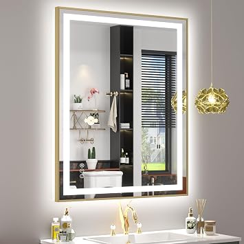OKPAL 30x36 Gold LED Bathroom Mirror with Lights, Frontlit & Backlit Metal Framed Mirror, Lighted Bathroom Vanity Mirror, Anti-Fog, Dimmable 3 Colors, Shatterproof, Horizontal/Vertical