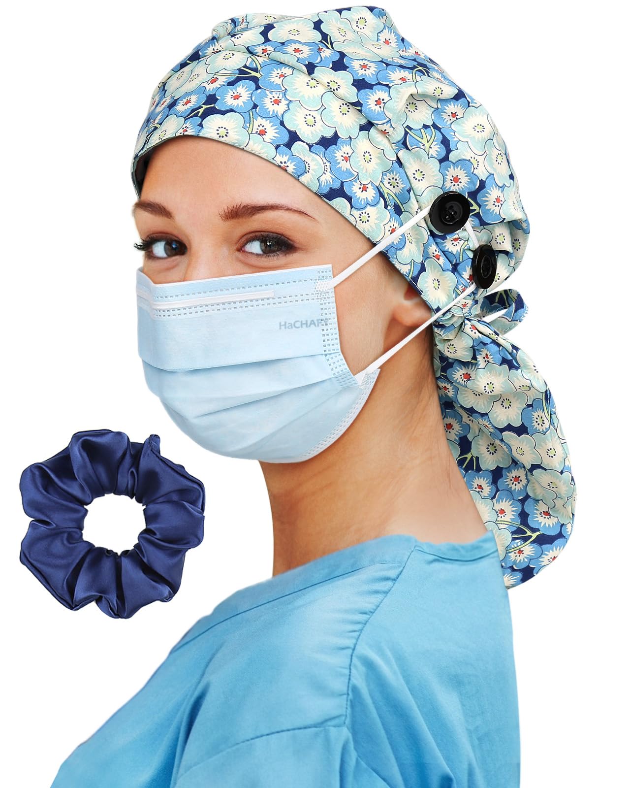 Satin Lined Scrub Cap for Women Extra Large Long Hair Surgical Nurse Cap 4 Buttons