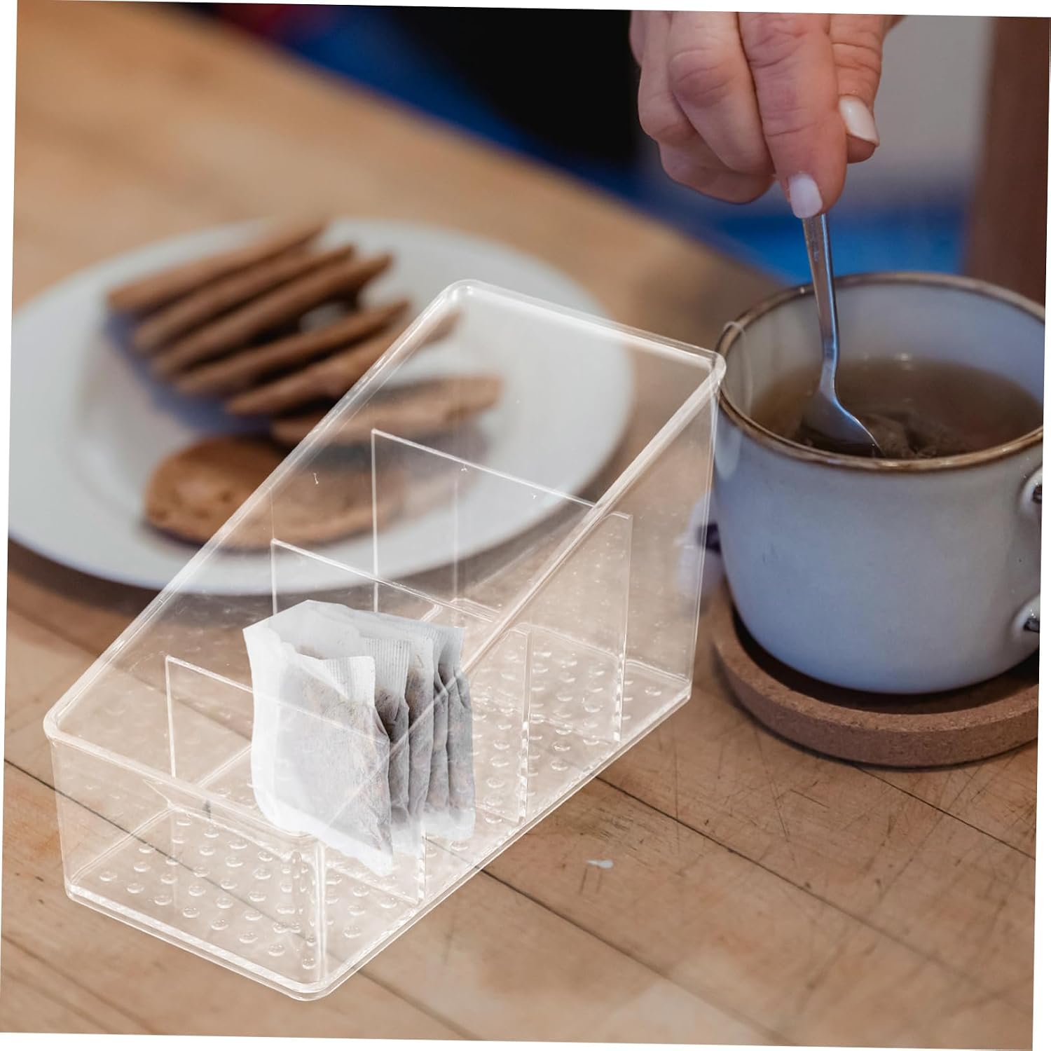 Decorative Tea Bag Storage Box 7x15x8.8cm with 4 Compartments, PET