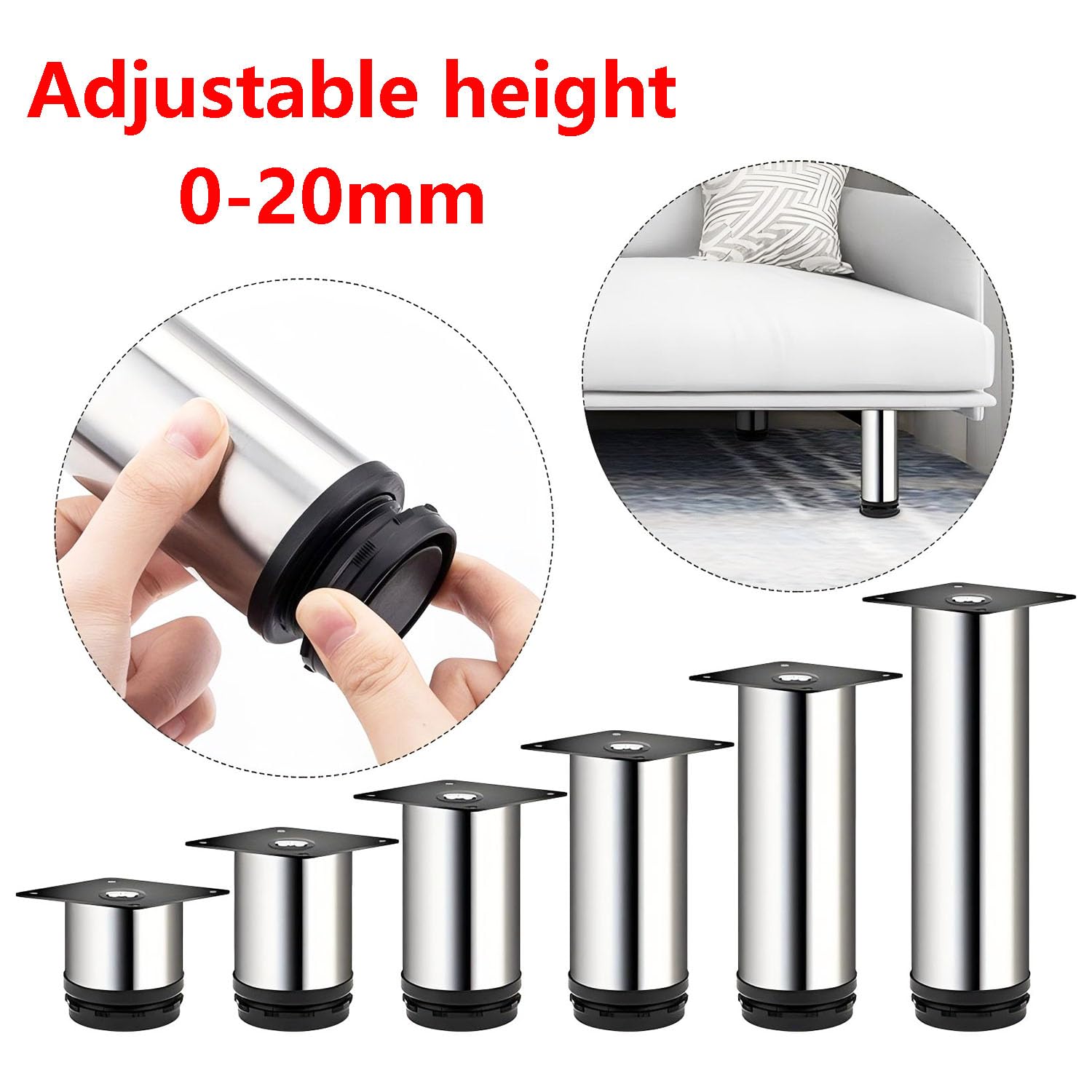 Qrity 4 Piezas Patas para Muebles Altura Regulables, Total: 700-720mm Armario de Cocina Pies Redondo, Metal Cromado, para Sofas, Mesa, Cama