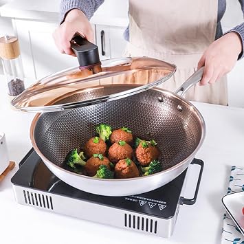 Carbon Steel Wok Pan with Lid, Ultra Nonstick Fry Pan with Lid, Fried Rice Pan Non Stick Wok with Lid, for Induction, Electric, Gas, Halogen All Stoves