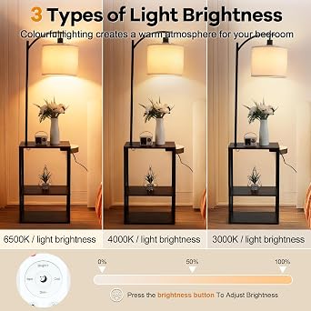 Floor Lamp with Remote, Adjustable 3000K-6000K Colors & Brightness Bulb, End Table with Charging Station(USB & Type-C & AC Port), Modern Shelves Side Table for Bedroom, Living Room, Office [Energy Class A]
