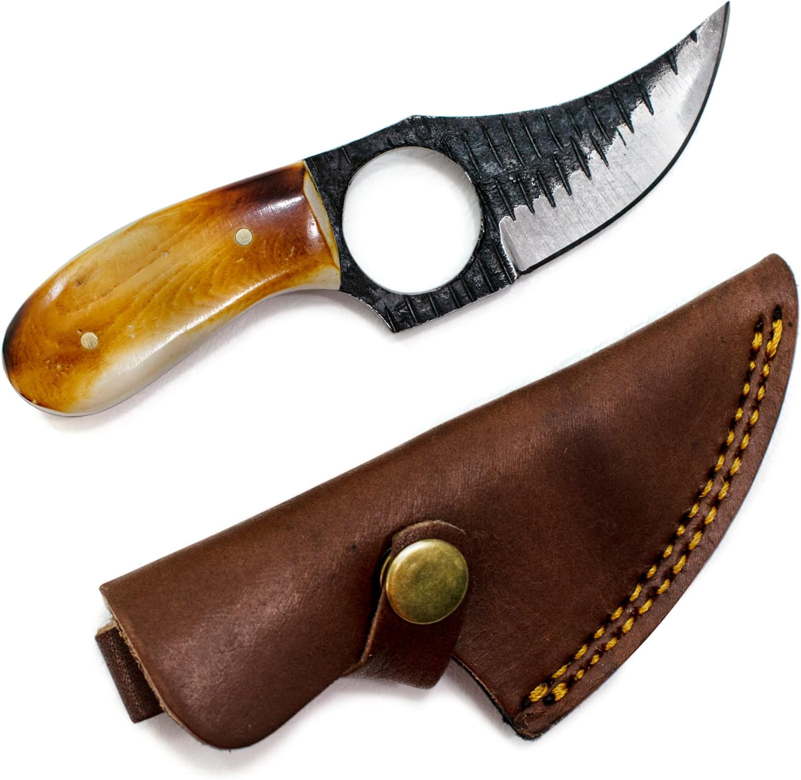 Titan International Knives Skinning Knife Carbon 1080 Steel | Small Handmade Hunting Fixed Blade | Burnt Bone Handle Knife with Leather Sheath | 3 Inch Blade Outdoors Camping Gear