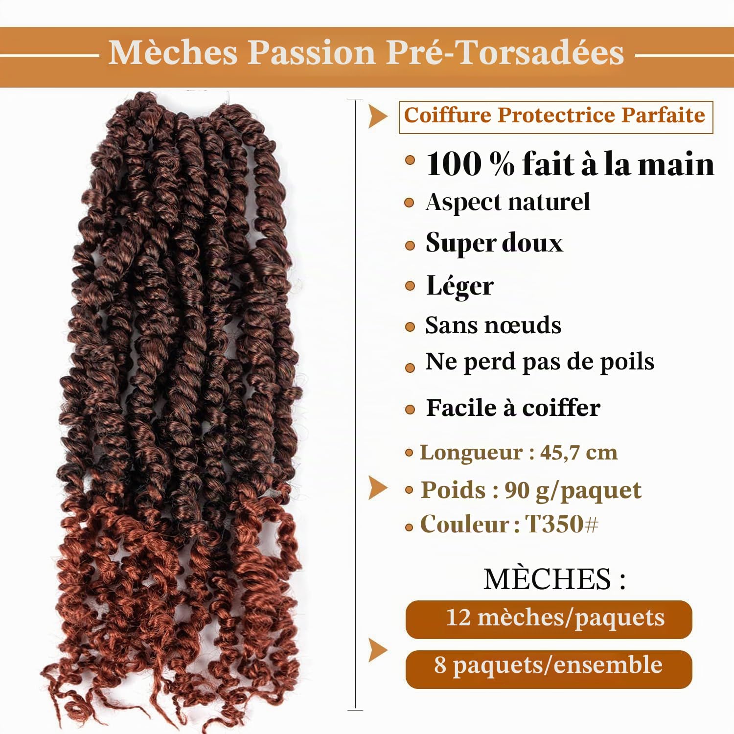 Passion Twist Hair Pretwisted Passion Twist Crochet Hair 18 pouces 8 paquets de cheveux au crochet pré-bouclés YDDM Extension de cheveux au crochet