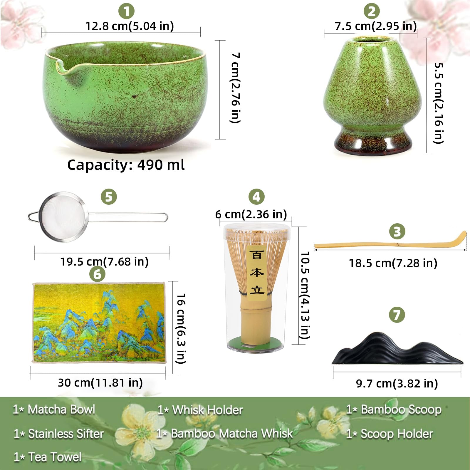 Matcha Kit 7 Piezas, Ciotola Matcha con Beccuccio, Frusta al Matcha, Supporto per Frusta, Cucchiaino, Asciugamano per Tè, Filtro, Matcha Set Perfetto per Macha (Verde Screziato)