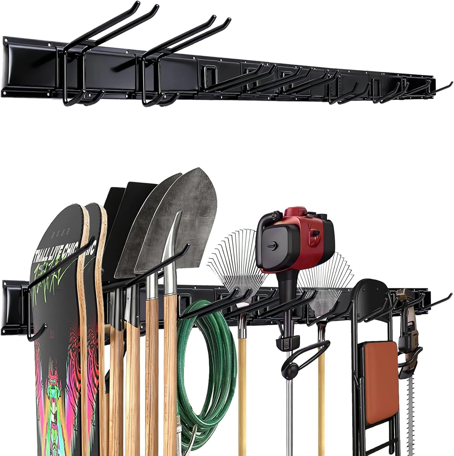 66'' Heavy-Duty Garage Tool Organizer Wall Mount – 720lbs Capacity Metal Rack with Adjustable Hooks for Rake, Broom, Shovel, Snowboard & Garden Tools