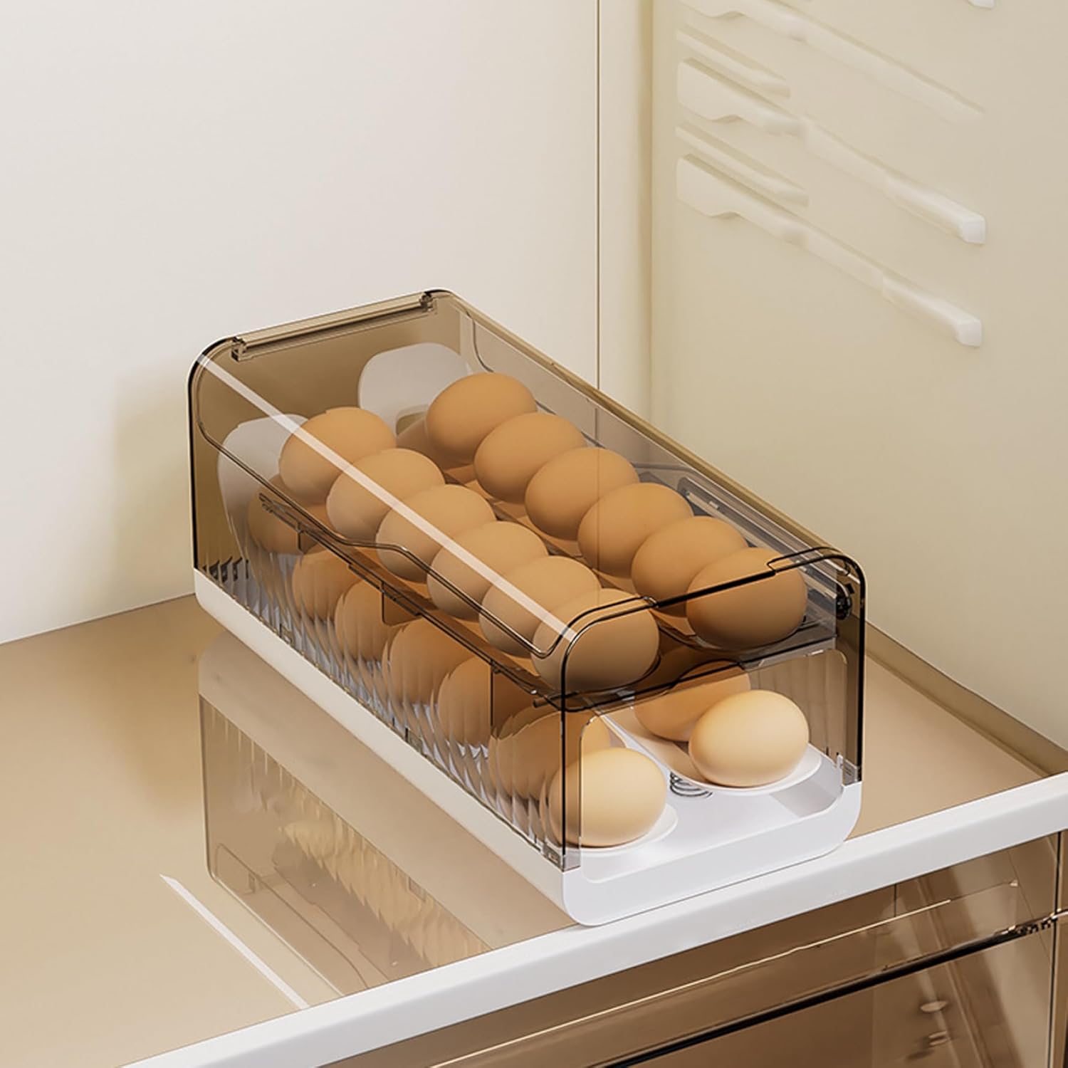 Egg Dispenser for Refrigerator, Stackable Egg Holder with Lid Rolling Eggs Organizer Clear Fridge Storage Container, Grey