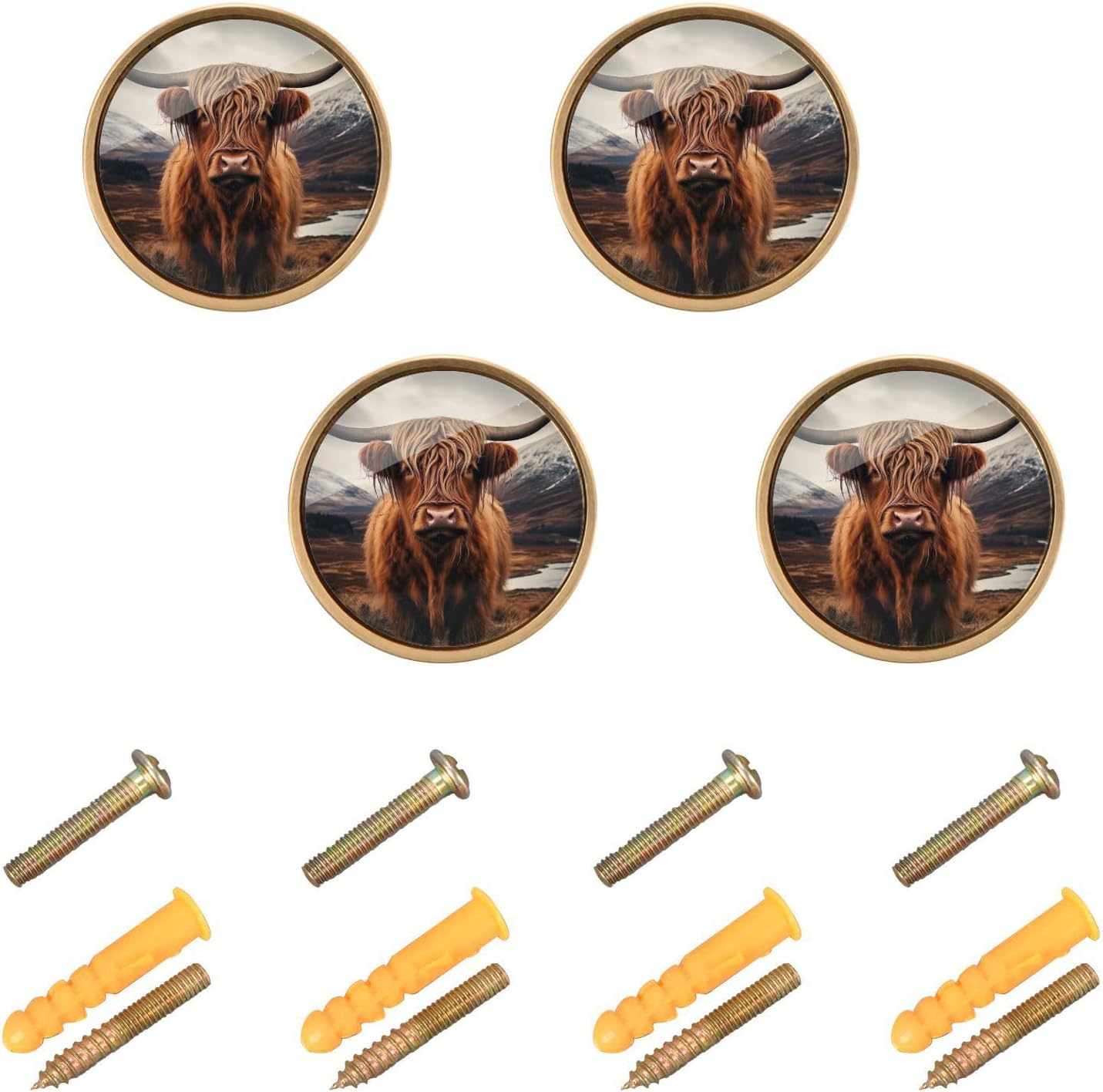 Kigai Highland Cow Drawer Knobs Solid 4 Pack 1-1/4 Inch Round Cabinet Knobs Gold Cabinet Hardware Pulls for Kitchen Cabinets Dresser Cupboard