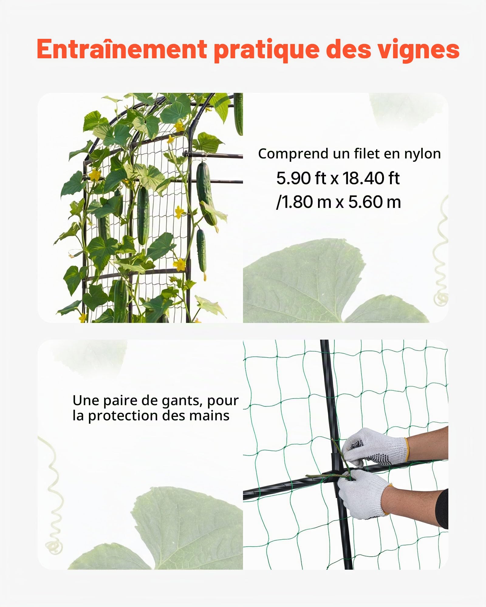 VEVOR Treillis à Concombres Forme Arche Treillis de Jardin Métal Support Plante Grimpante Extérieur pour Vignes, Pois, Haricots, Courgettes, Tomates, Fleurs, Revêtement Plastique PE, 181x165x210 cm