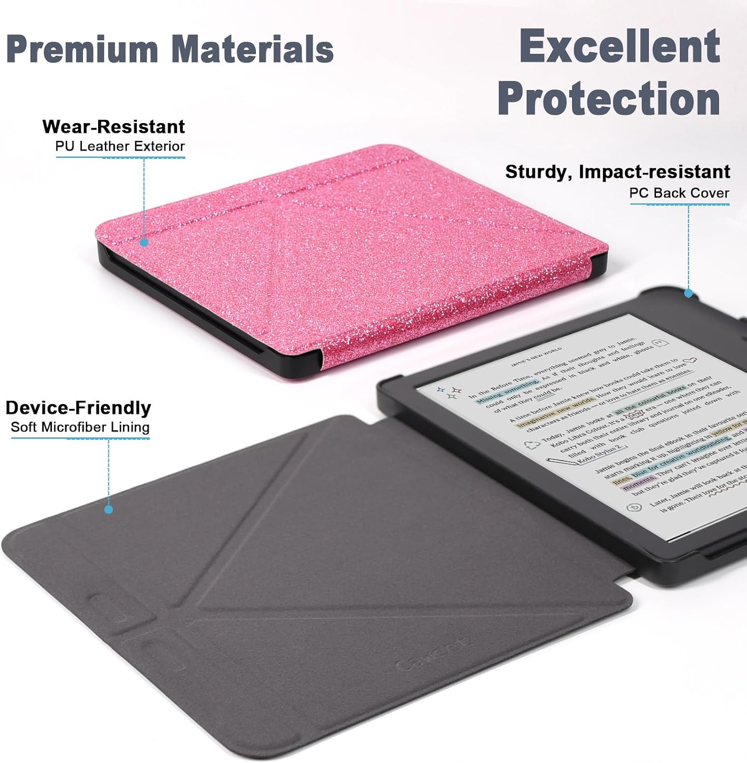Caweet Case for Kobo Libra Colour 7 Inch 2024 Release, Premium PU Leather Foldable Stand Protective Sleeve Cover with Auto Wake/Sleep Feature, Glitter Pink