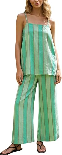 Fameetor Linen Sets for Women 2 Piece Summer Striped Spaghetti Strap Cami Top Wi