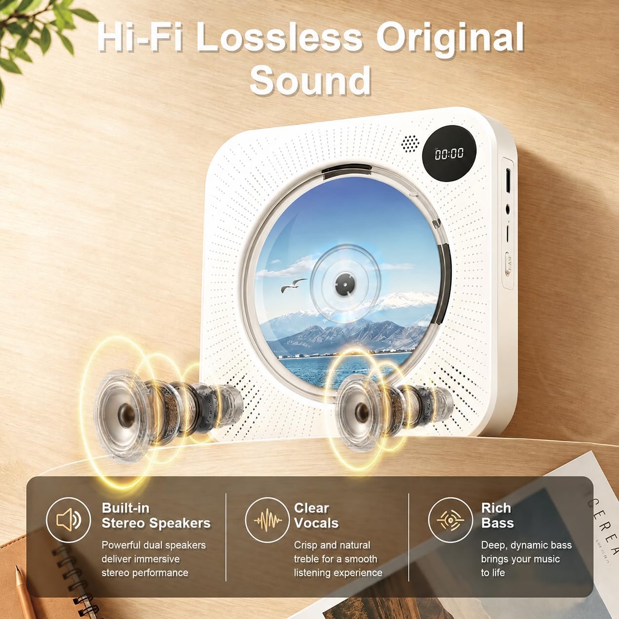CD Player Portable Bluetooth Desktop CD Player for Home with Timer Built-in HiFi Speakers with LCD Screen Display FM Radio