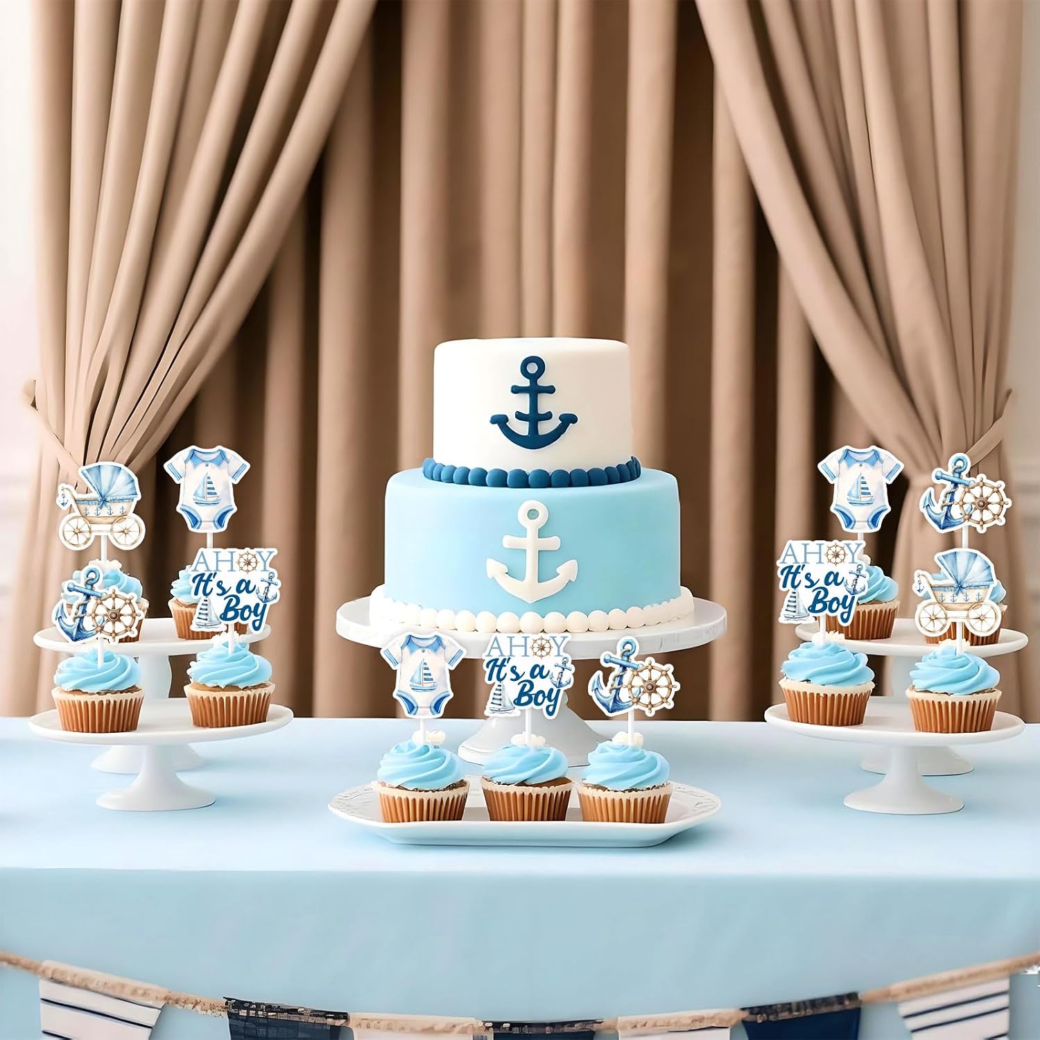 Nautical Baby Shower Decorations 36Pcs Ahoy It's A Boy Baby Shower Cupcake Toppers Ahoy Nautical Party Decoration Sailor Boat Ocean Navy Theme Decor Sailor Anchor Cake Decorations for Boy