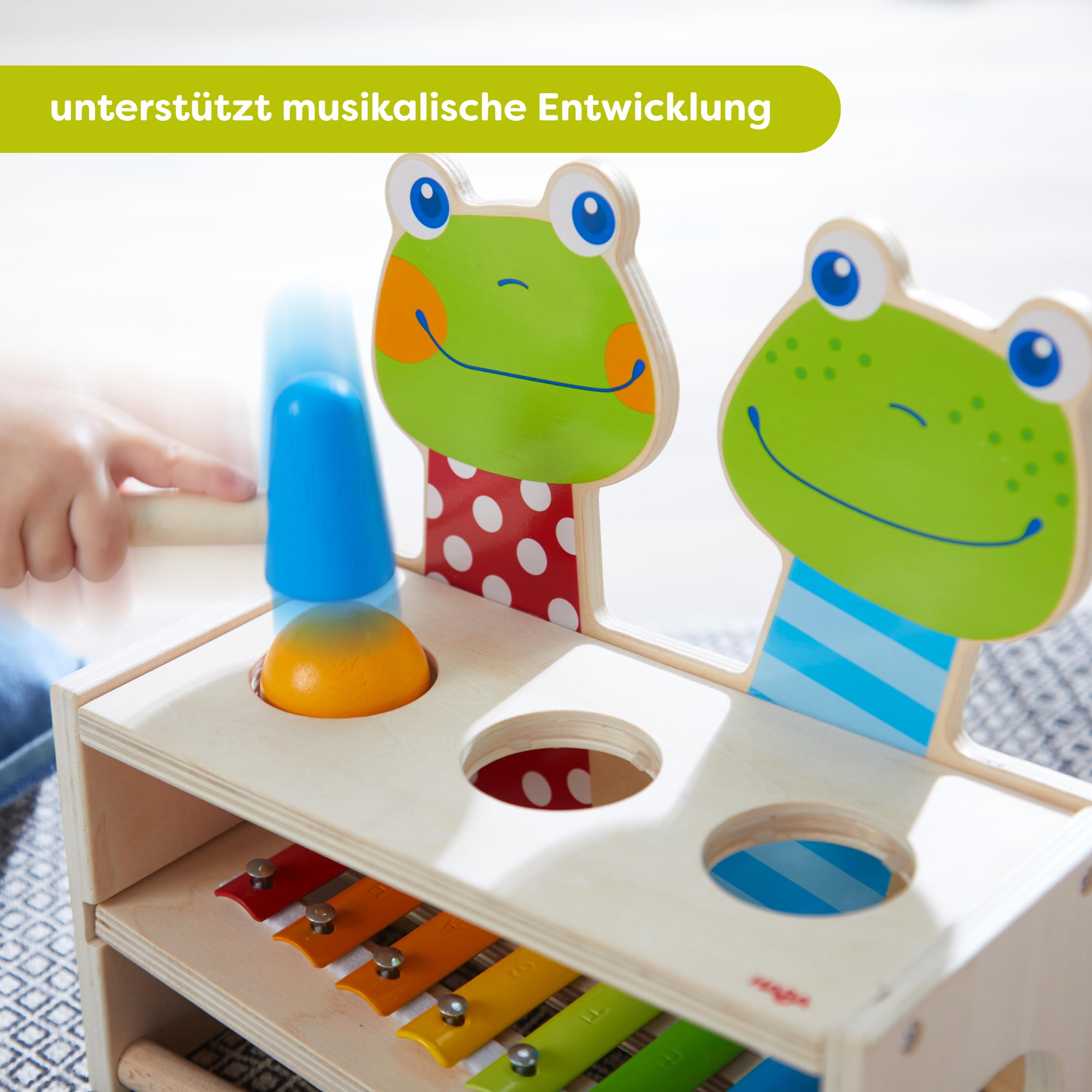 HABA 304271 - Klang-Klopfbank Froschkonzert, Klopfbank und Metallophon mit Kugel und Schlägel, Spielzeug ab 2 Jahren