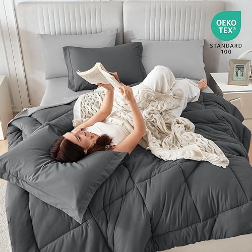 Miniatura 5 de Sasttie Juego de edredón tamaño Queen, 7 piezas de cama en una bolsa, tamaño Queen, juego completo de ropa de cama que incluye edredón, sábana