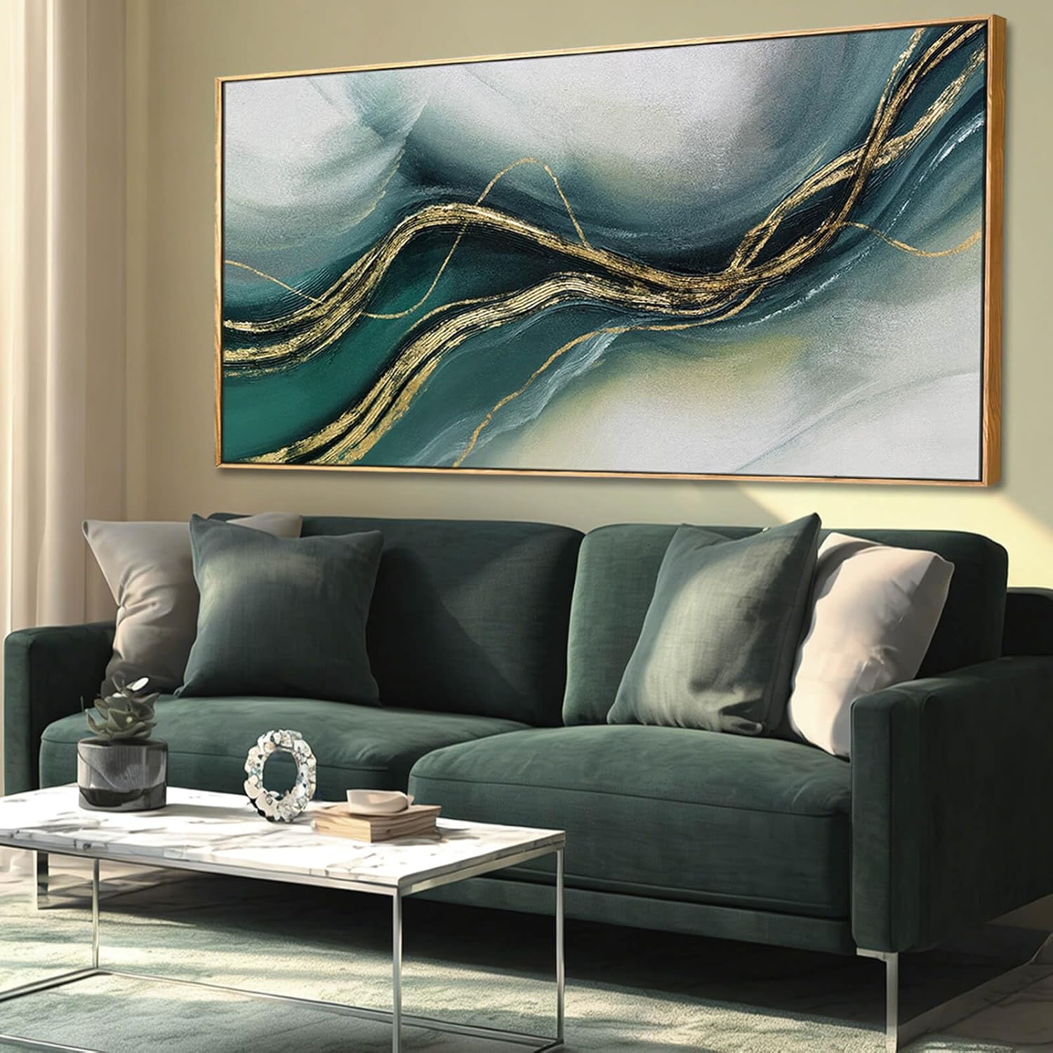 Green and Gold Abstract Wall Painting 29x58 Inch, Large Framed Canvas Artwork with Wooden Frame, Contemporary Home Accents for Bedroom Dining Room or Hallway - Image 2