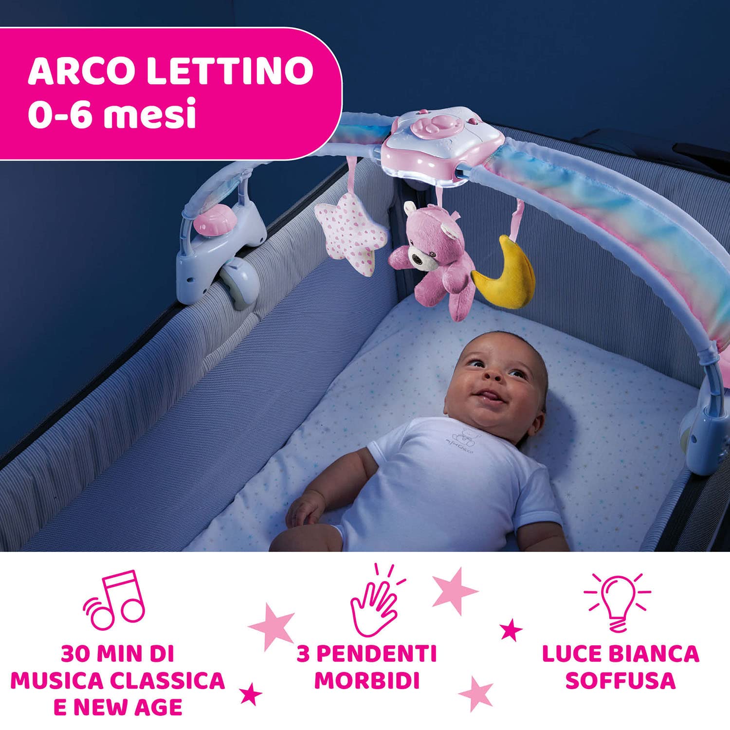 Chicco Arche Arc en Ciel Jeu de Développement 2 en 1 Compatible avec le Lit Next2Me, Panneau de Berceau avec Arche Arc-en-ciel et Veilleuse avec Musique et Pendentifs - Jouet Bébé 0+ Mois, rose