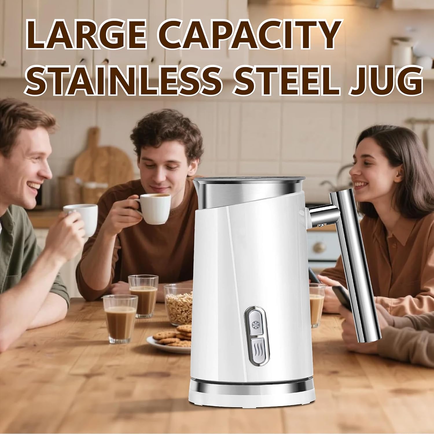 Milk Frother and Steamer, Non-Slip Stylish Design, Hot & Cold Milk Steamer with Temperature Control, Auto Shut-Off Frother for Coffee, Latte, Cappuccino, Macchiato (white)