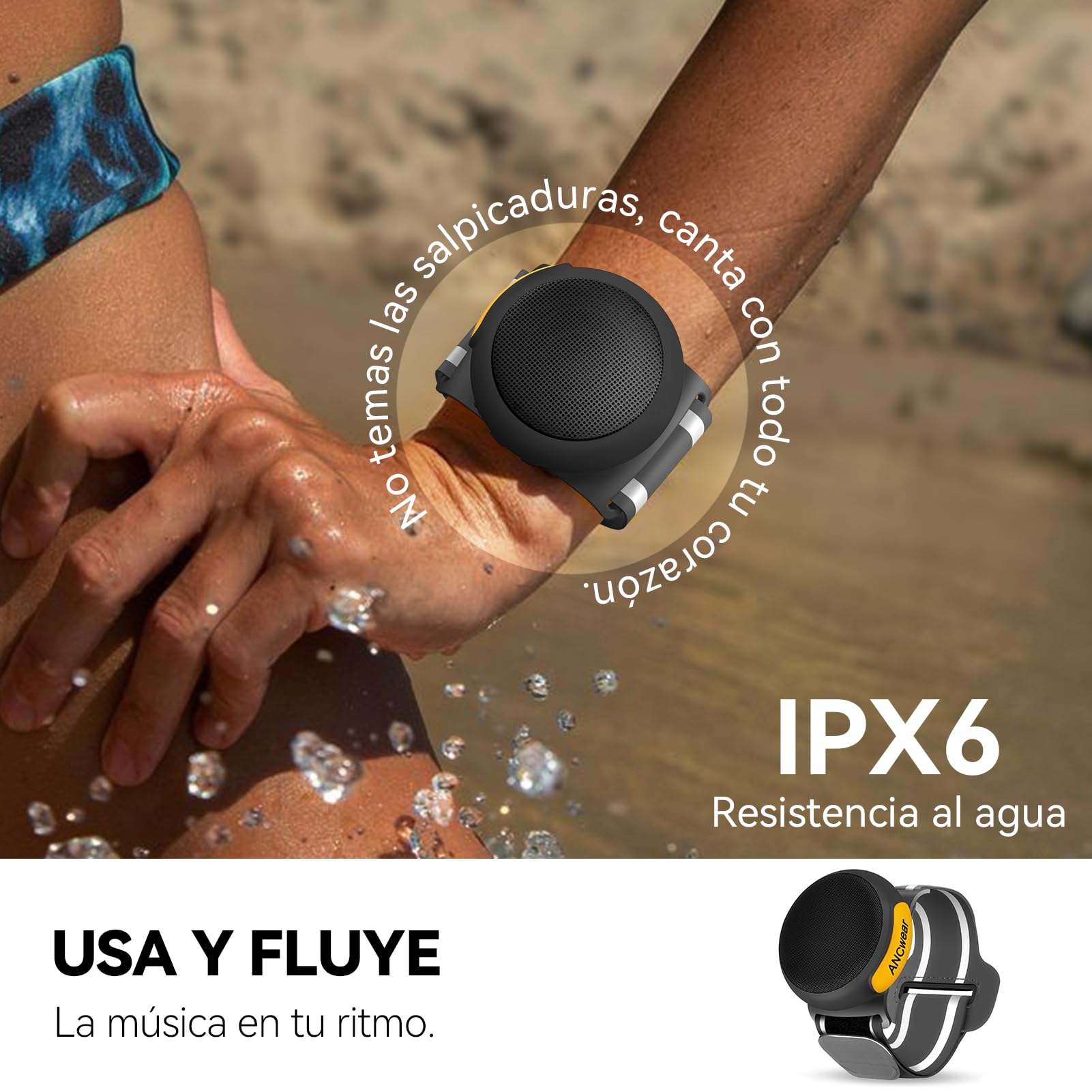 ANCwear Altavoz Bluetooth 5.3 Mini con Clip y Muñequera, Resistencia IPX6, 17 Sonidos de Ruido Blanco, 9,5 h para Baño, Deporte, Bici y Viaje
