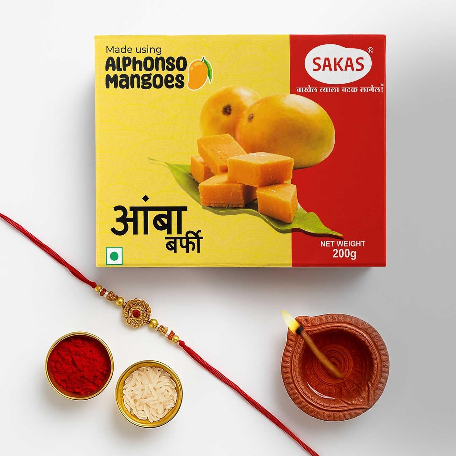 Sakas Mango Burfi with Rakhi & Roli Chawal Gifts For Brother | Authentic and Real Taste Mithai Luscious Mango Delight (200g) | Gift Packaging for Family, Friends on Special Occasions |No Added Colours Or Preservatives | Festive Sweet Gift Box