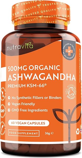 Organic Ashwagandha KSM-66® with 5% Withanolides - Vegan Friendly with The Highest Concentration Most Bioavailable Full-Spectrum Root Powder - Made in The UK by Nutravita