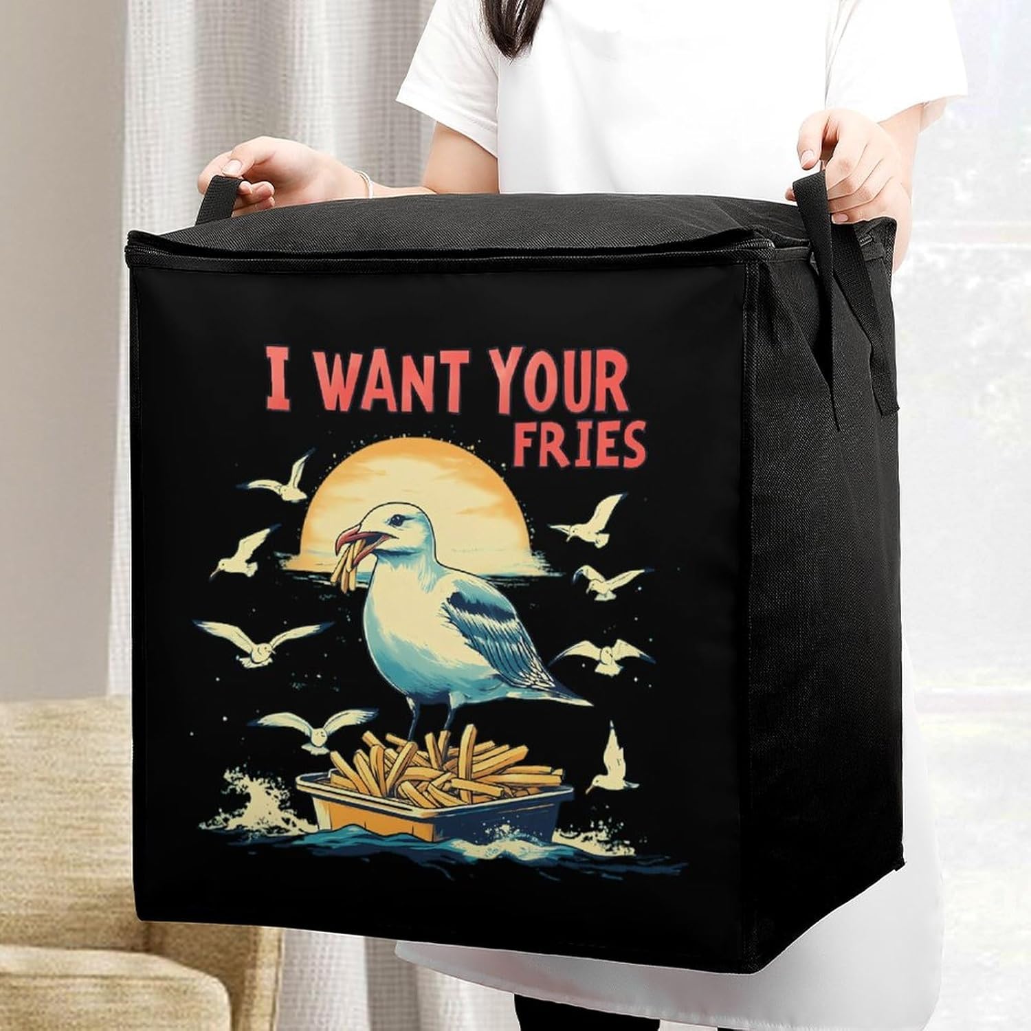 Seagulls I Want Your Fries Large Comforter Blanket Storage Bags Bins 70L Closet Organizer with Handles