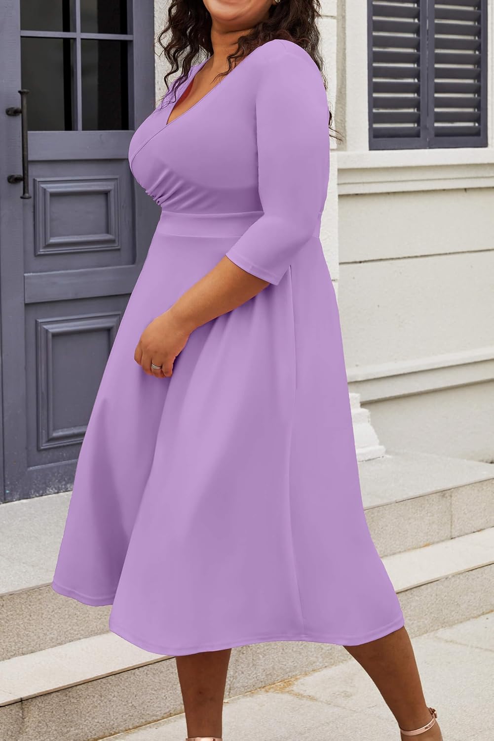 CLOCOR Women's Plus Size Midi Dress 3/4 Sleeve A-Line Swing Dress V Neck Flowy Casual Dresses - Image 3