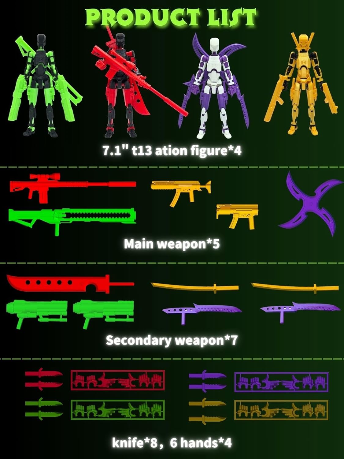 4-Pack T13 Action Figure Set,7 Inch Multi-Colored Titan 13 Robot, Dummy 13, 3D Printed Lucky 13 Robo for Collectors Desktop Decorations (Assembly Completed) - Image 7