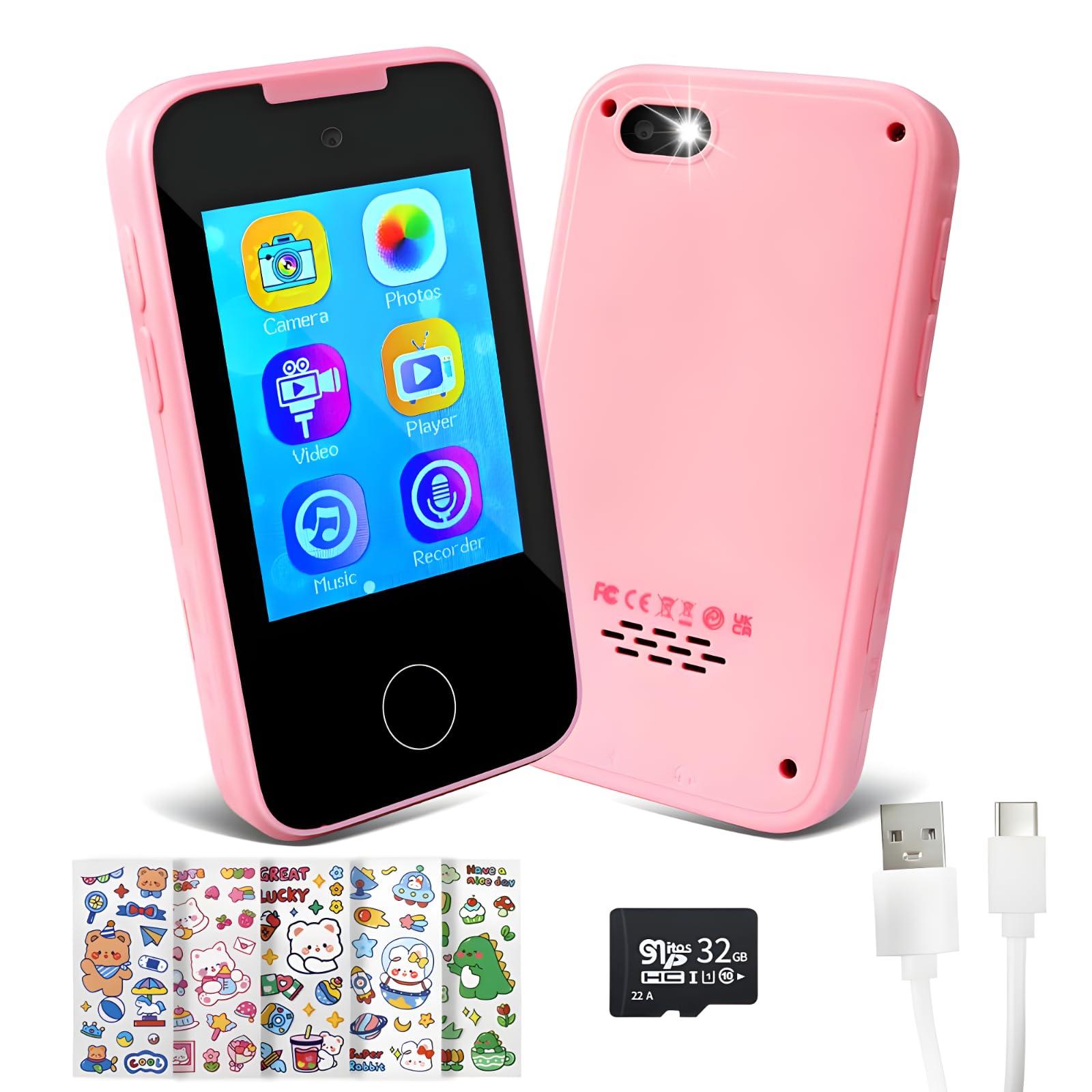 Kids Smart Phone for Girls Boys, Smart Phone for Kids Ages 3-9, Play Toy Phone Learning Toy with Music Player 8.5Mp Dual Camera with Cartoon Stickers 32G SD Card