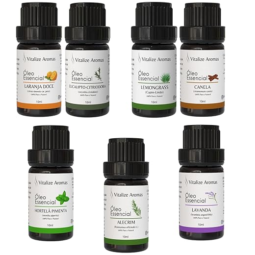 Kit 7 Óleos Essenciais Puros e Naturais, Lavanda Hortelã (menta piperita) Alecrim Canela Lemongrass Laranja Eucalipto