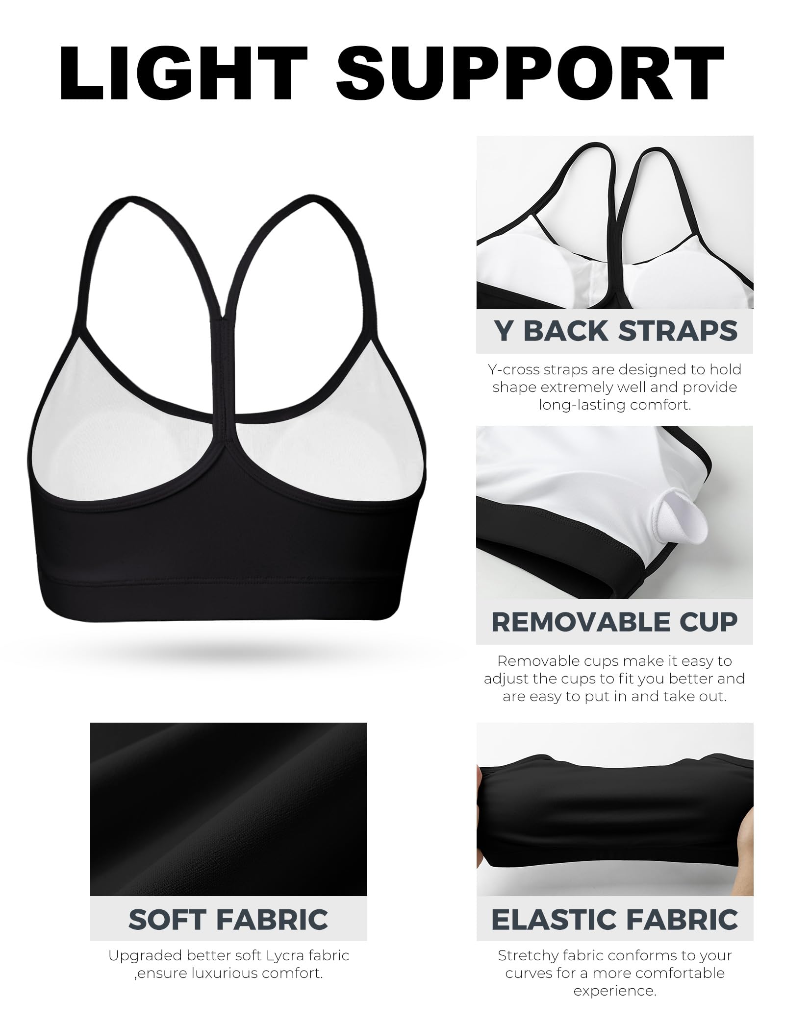 Buauty Lot de 2 soutiens-gorge de sport dos en Y pour femme, soutien-gorge rembourré à faible impact, dos nageur, bretelles spaghetti, haut d'entraînement pour femme
