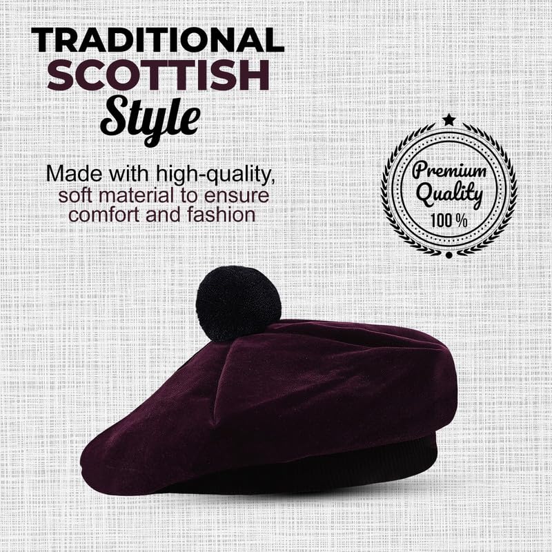 Image of Scottish Tam O' Shanter Hat Tartan Bonnet Pom Pom Wool Flat Cap One Size